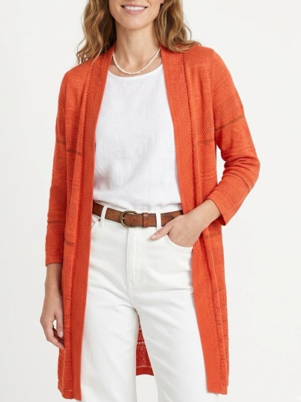 Coldwater Creek Linen Blend Longline Cardigan Coastal Grandma Coral Orange S/8